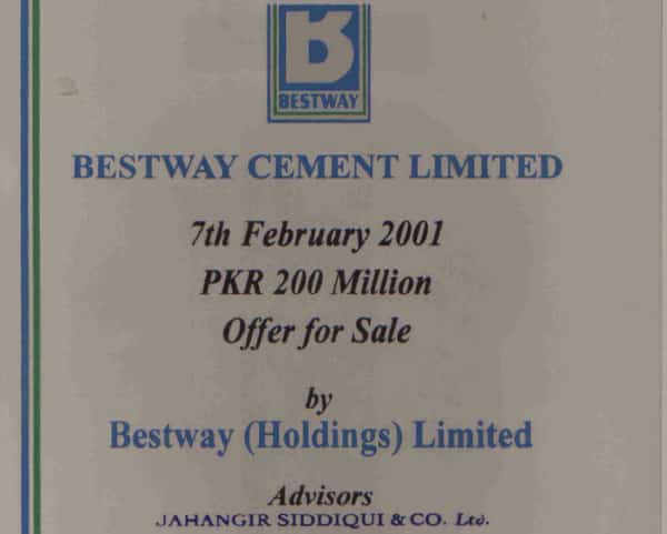 2001 – Bestway Cement Is Listed On The Karachi Stock Exchange